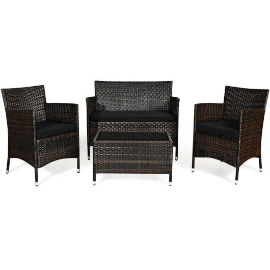 4 Pieces Rattan Sofa Set with Glass Table and Comfortable Wicker for Outdoor Patio-Black