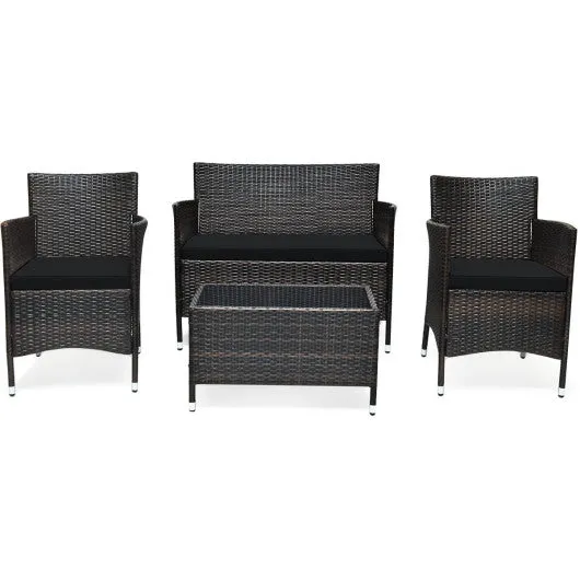 4 Pieces Rattan Sofa Set with Glass Table and Comfortable Wicker for Outdoor Patio-Black