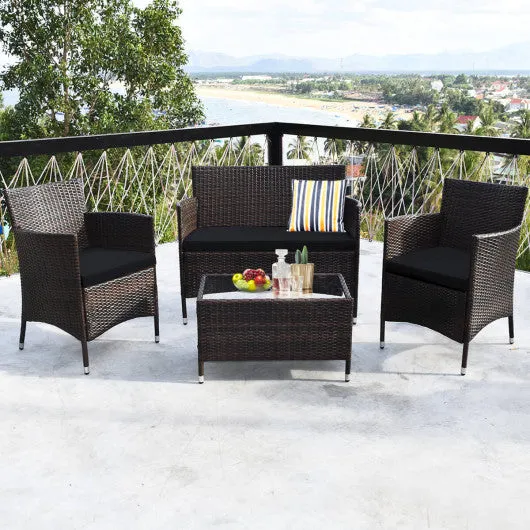 4 Pieces Rattan Sofa Set with Glass Table and Comfortable Wicker for Outdoor Patio-Black