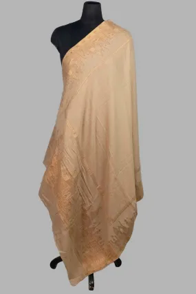 Beige  Color Kashmiri Shawl With Metalic Skyline Pattern On Borders Gives A Trendy Look To The Wearer.