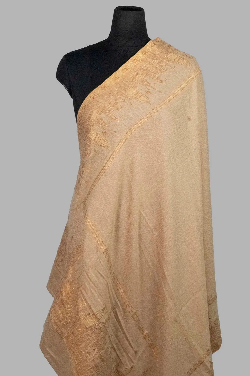 Beige  Color Kashmiri Shawl With Metalic Skyline Pattern On Borders Gives A Trendy Look To The Wearer.