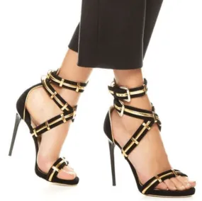 Black Buckle Open Toe High Heel Sandals