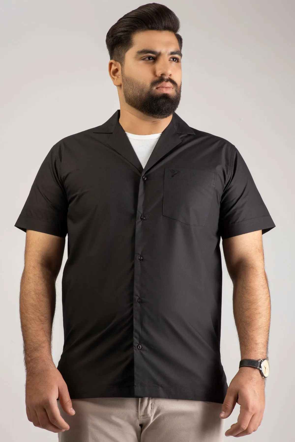 Black Casual Cotton Resort Shirt (Plus size) - A24 - MS0068P