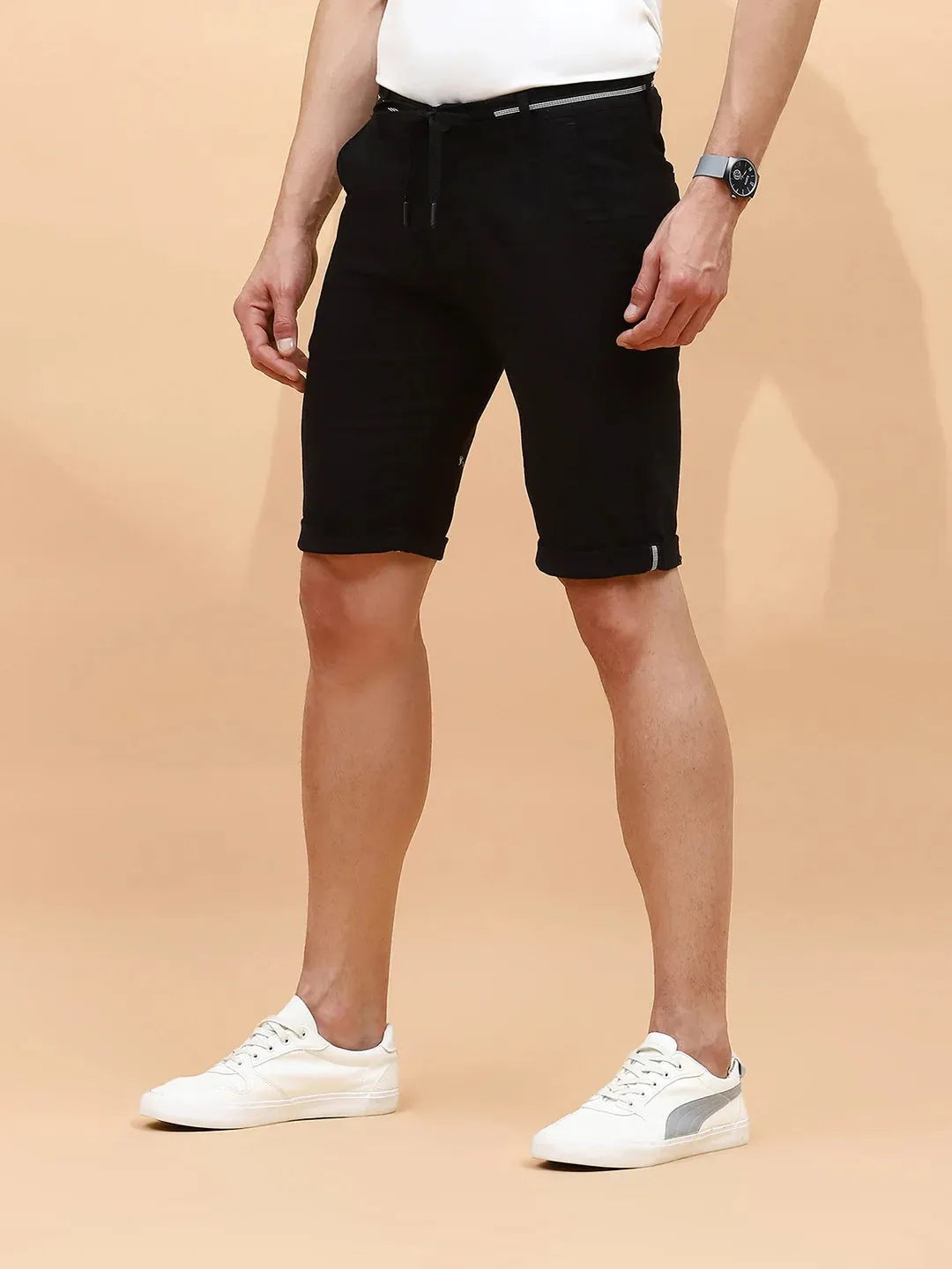 Black Cotton Blend Regular Fit Shorts For Men