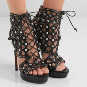 Black Lace Up Strappy Ankle Cutout Sandals