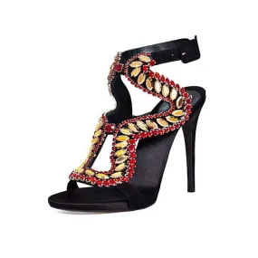 Black Leather Cutout Rhinestone Buckle High Heel Sandals