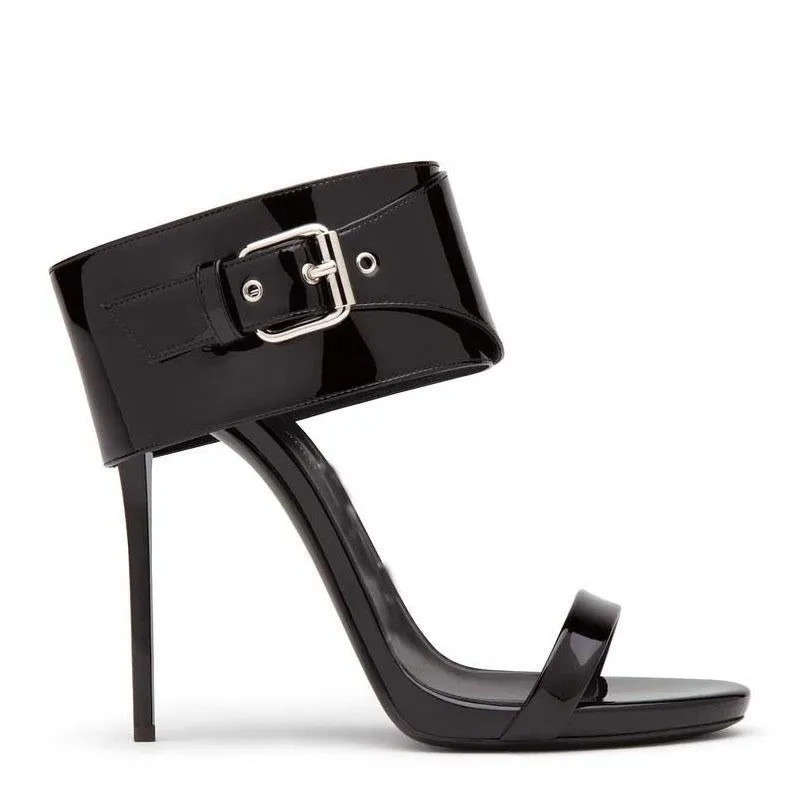 Black Patent Leather Buckle Open Toe High Heel Sandals