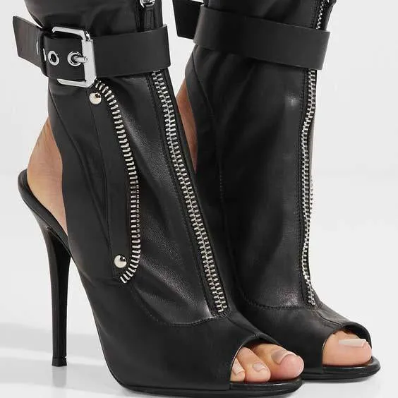 Black Peep Toe Zipper Rivet Sandals