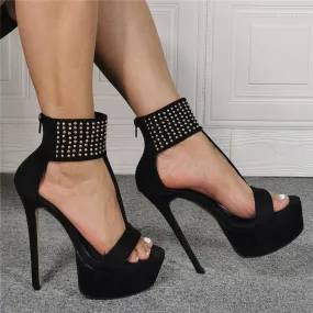 Black Rhinestone Platform Buckle High Heel Sandals