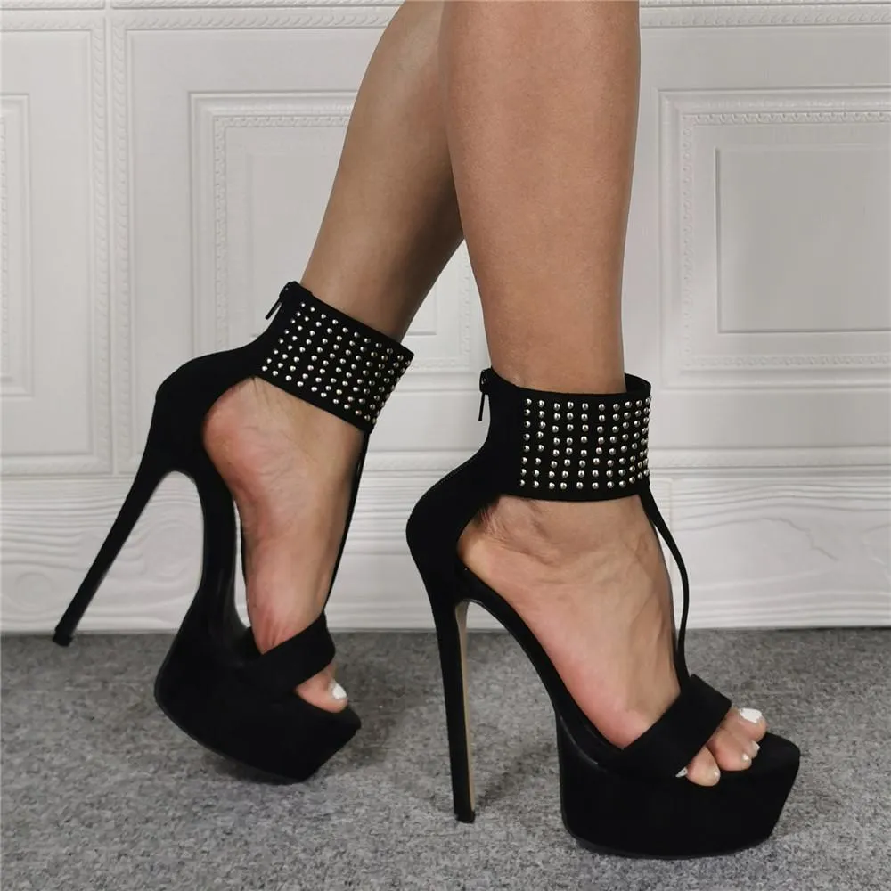 Black Rhinestone Platform Buckle High Heel Sandals