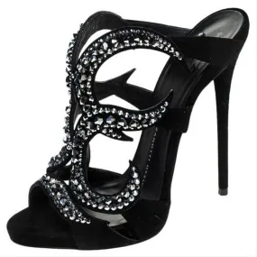 Black Suede Cutout Rhinestone High Heel Sandals