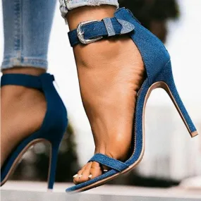 Blue Fabric Buckle High Heel Sandals