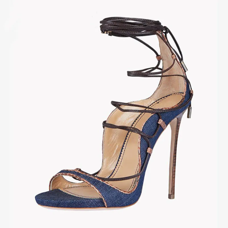 Blue Strappy Ankle Cutout Round Toe Sandals