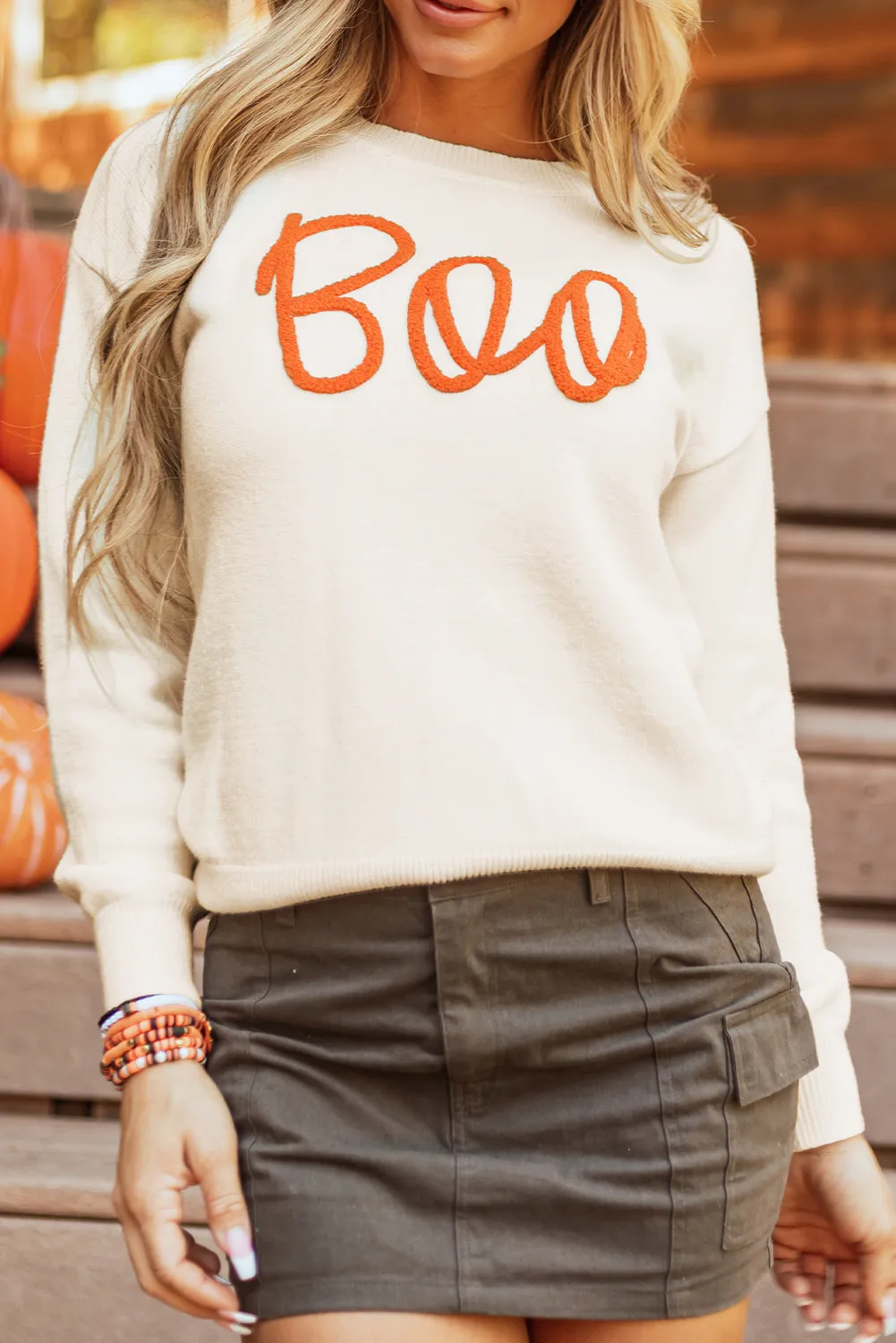 Boo Knitted Pattern Ribbed Sweater