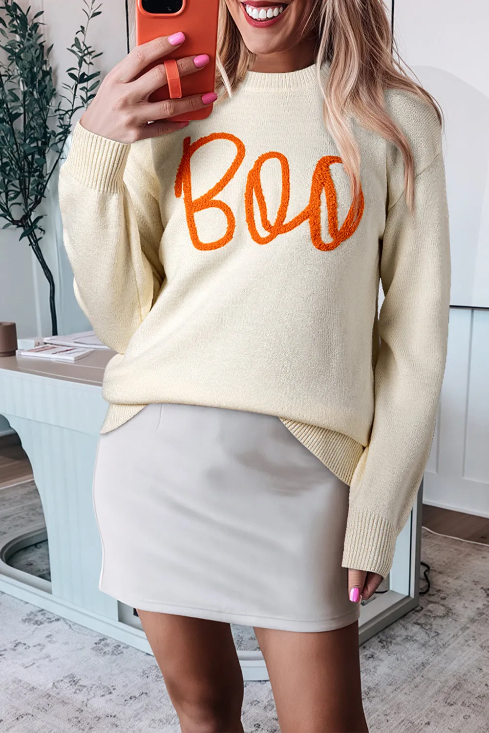 Boo Knitted Pattern Ribbed Sweater