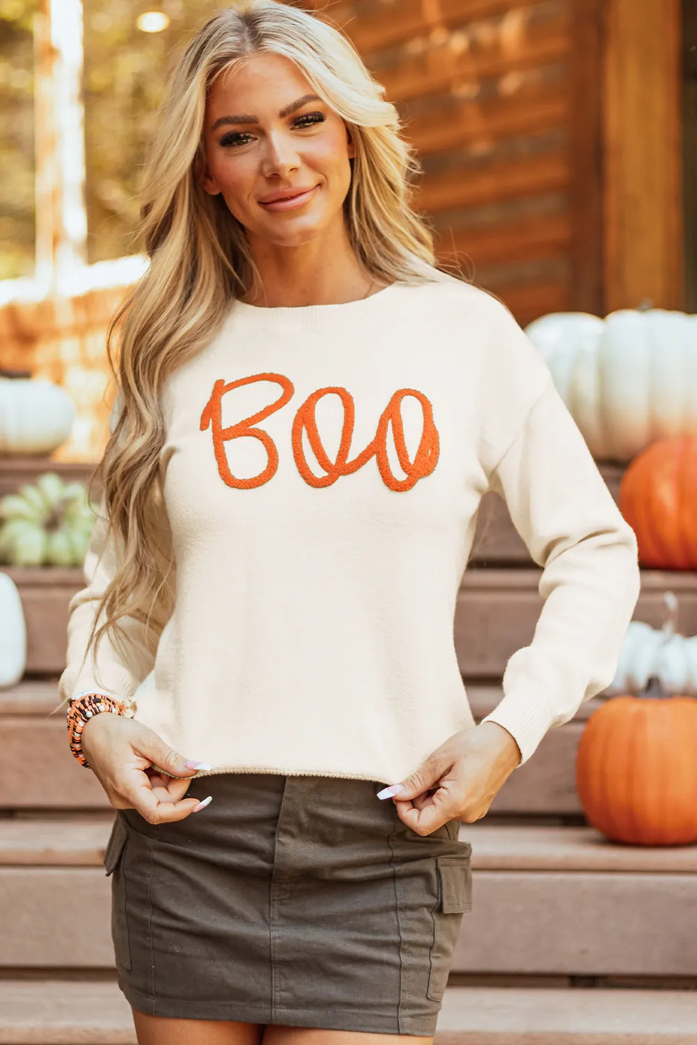 Boo Knitted Pattern Ribbed Sweater