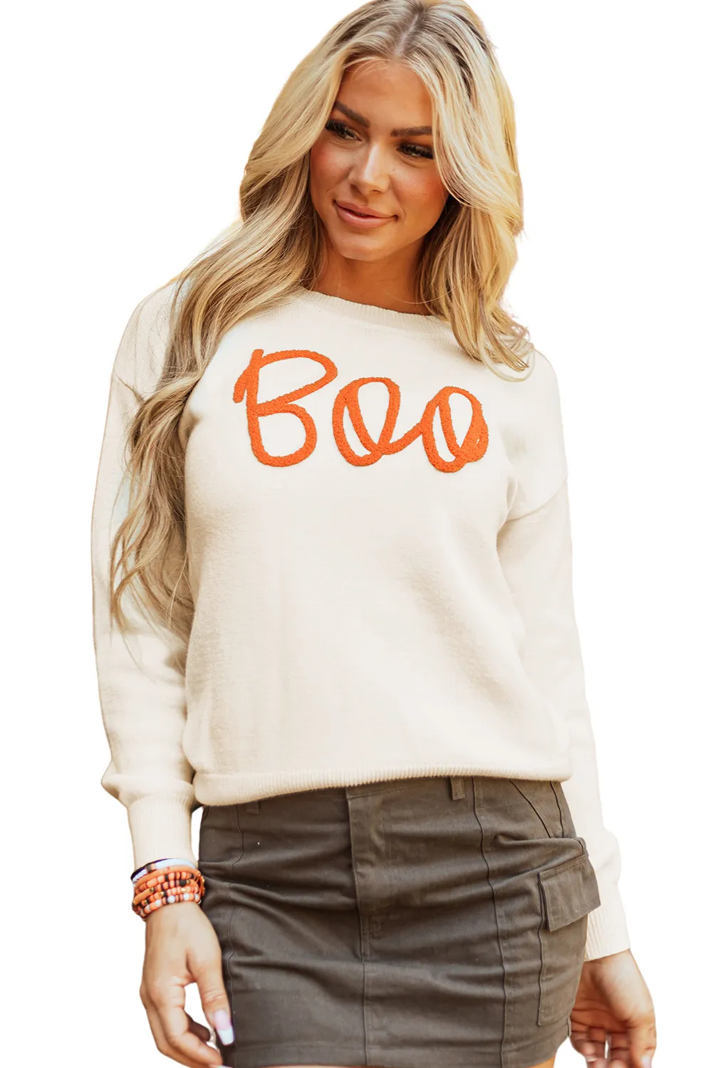 Boo Knitted Pattern Ribbed Sweater