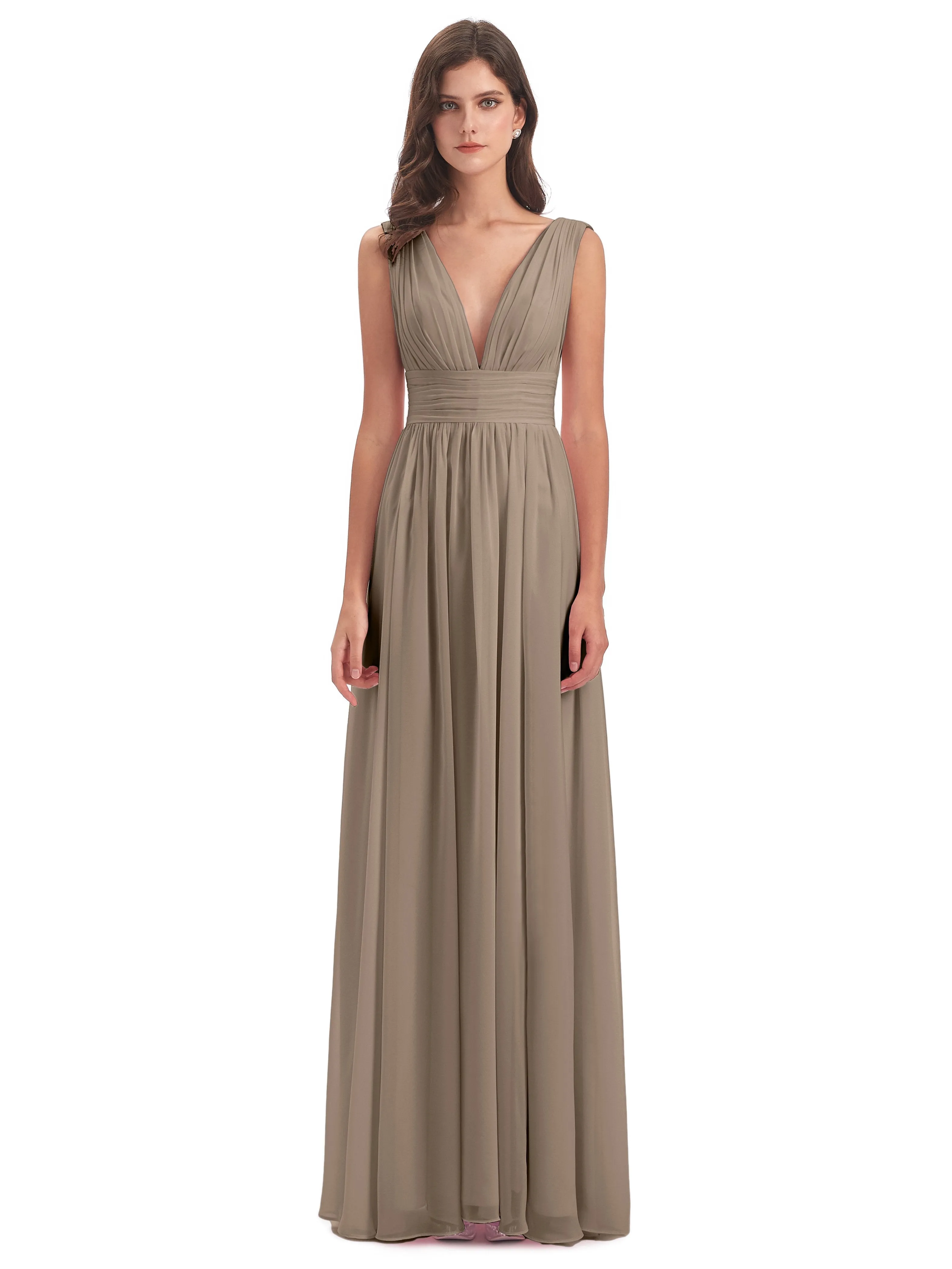 Bridesmaid Dresses Taupe Charming Chiffon V Neck Split Long Bridesmaid Dresses