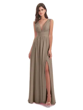 Bridesmaid Dresses Taupe Charming Chiffon V Neck Split Long Bridesmaid Dresses