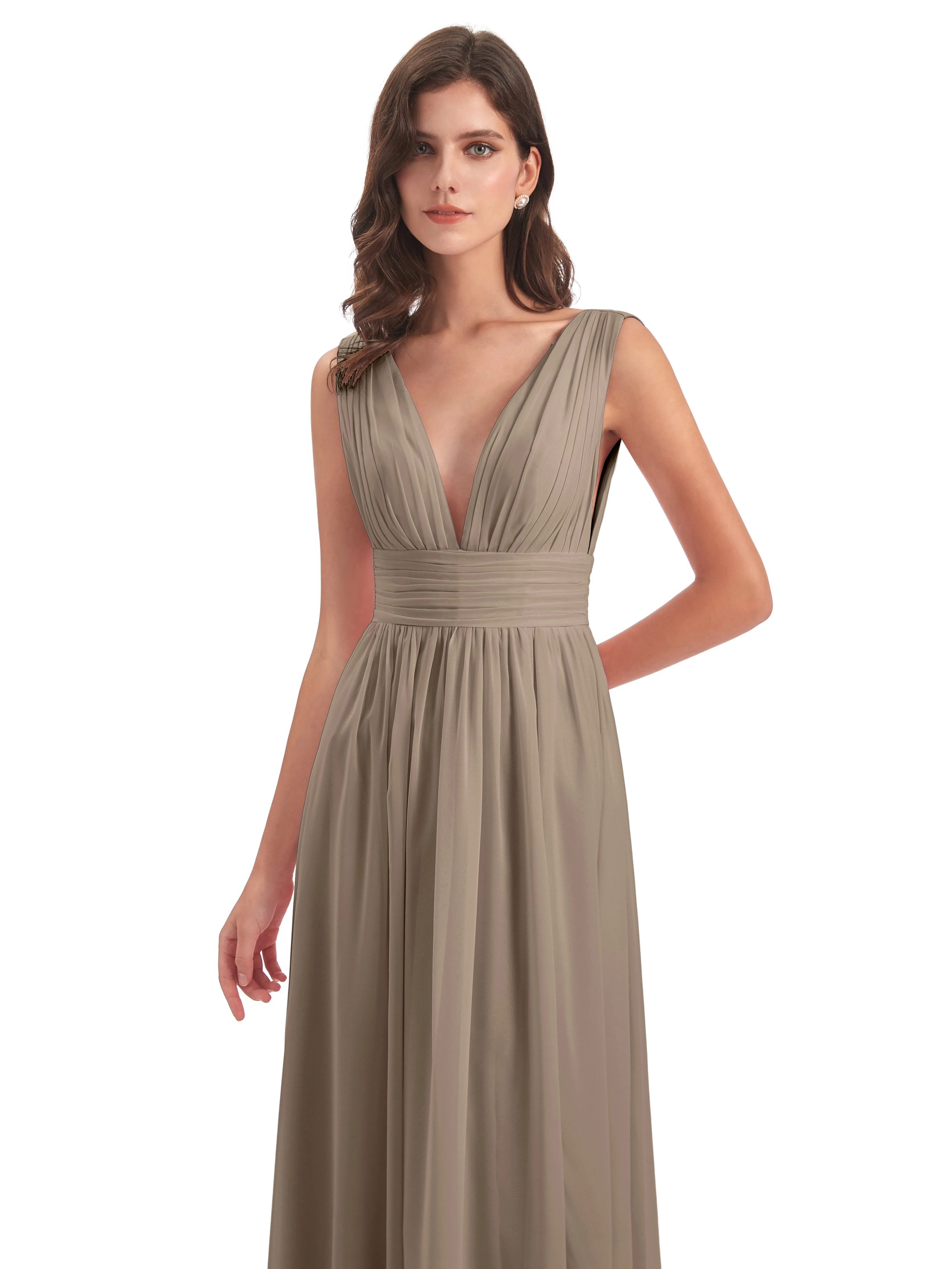 Bridesmaid Dresses Taupe Charming Chiffon V Neck Split Long Bridesmaid Dresses