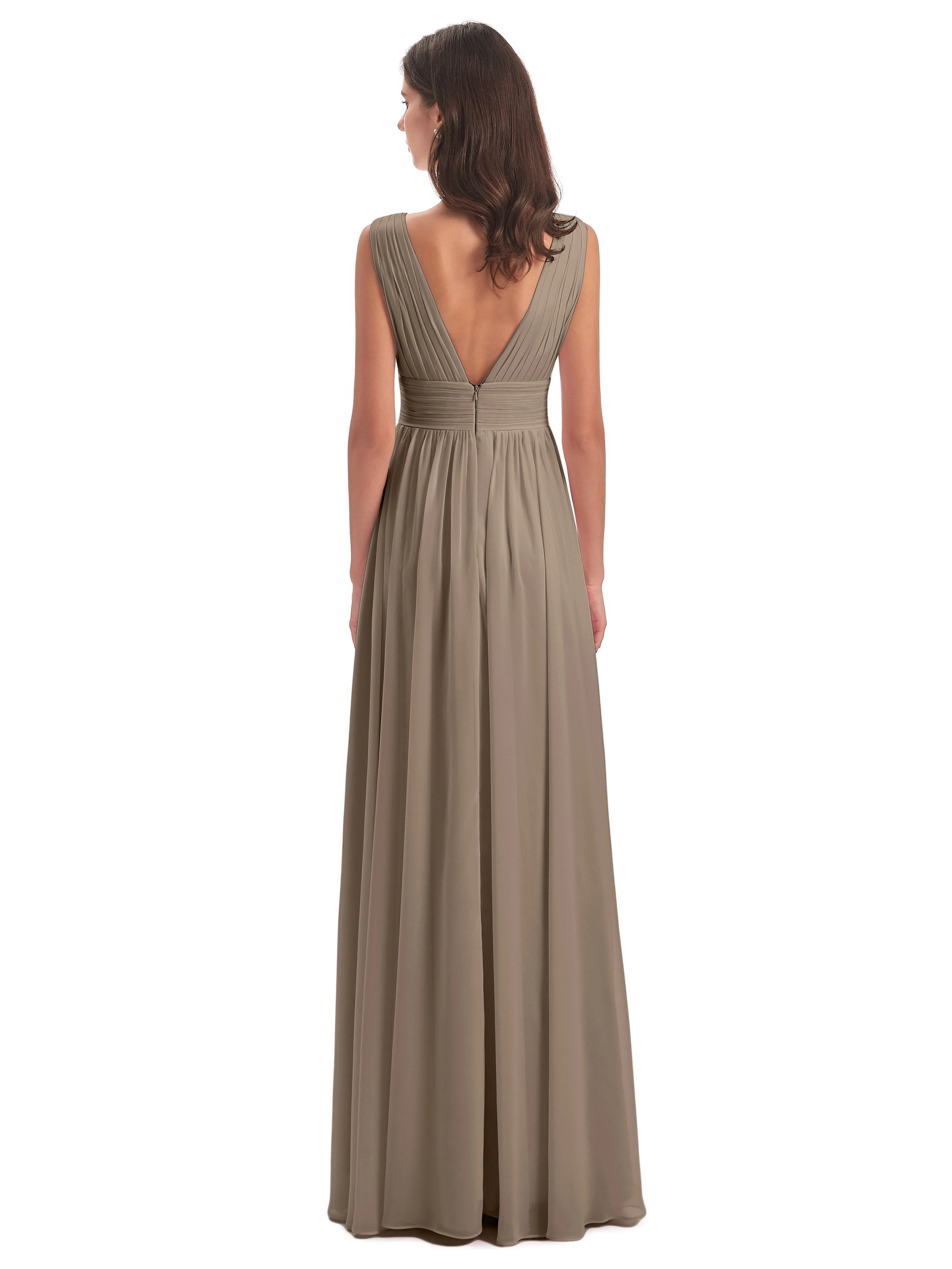 Bridesmaid Dresses Taupe Charming Chiffon V Neck Split Long Bridesmaid Dresses