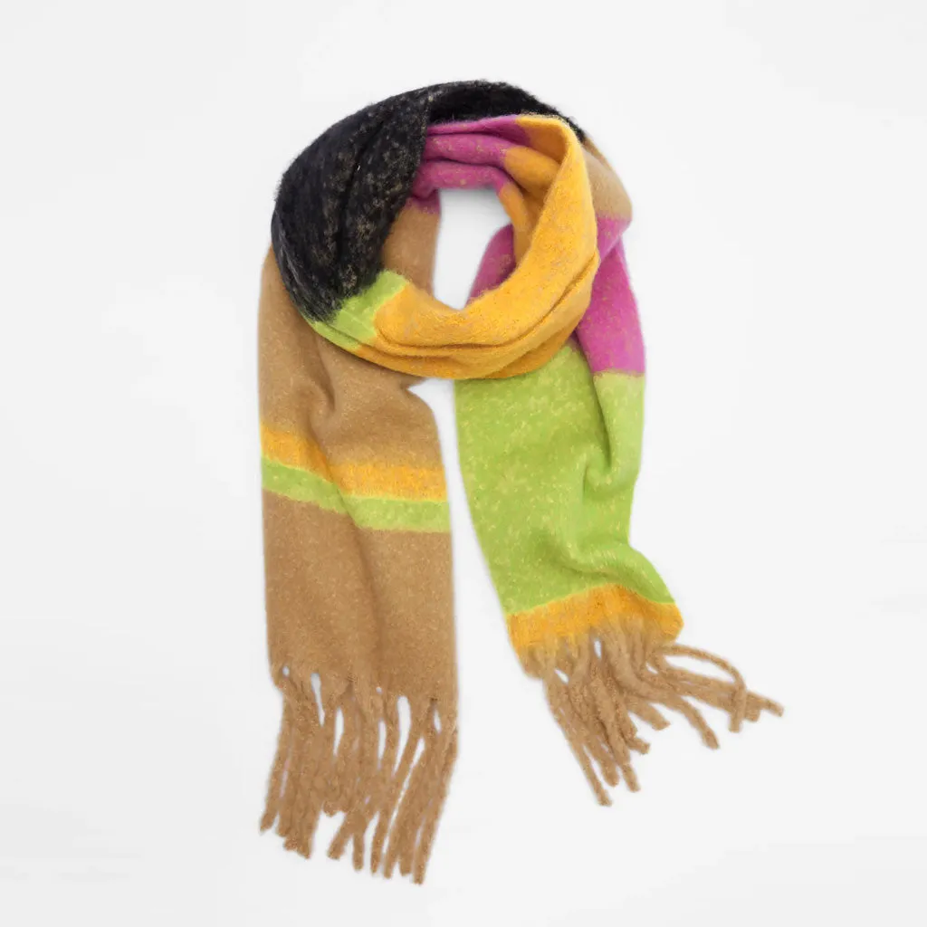 Bright Rainbow Stripe Printed Brushed Narrow Fringe Scarf - Multicolor