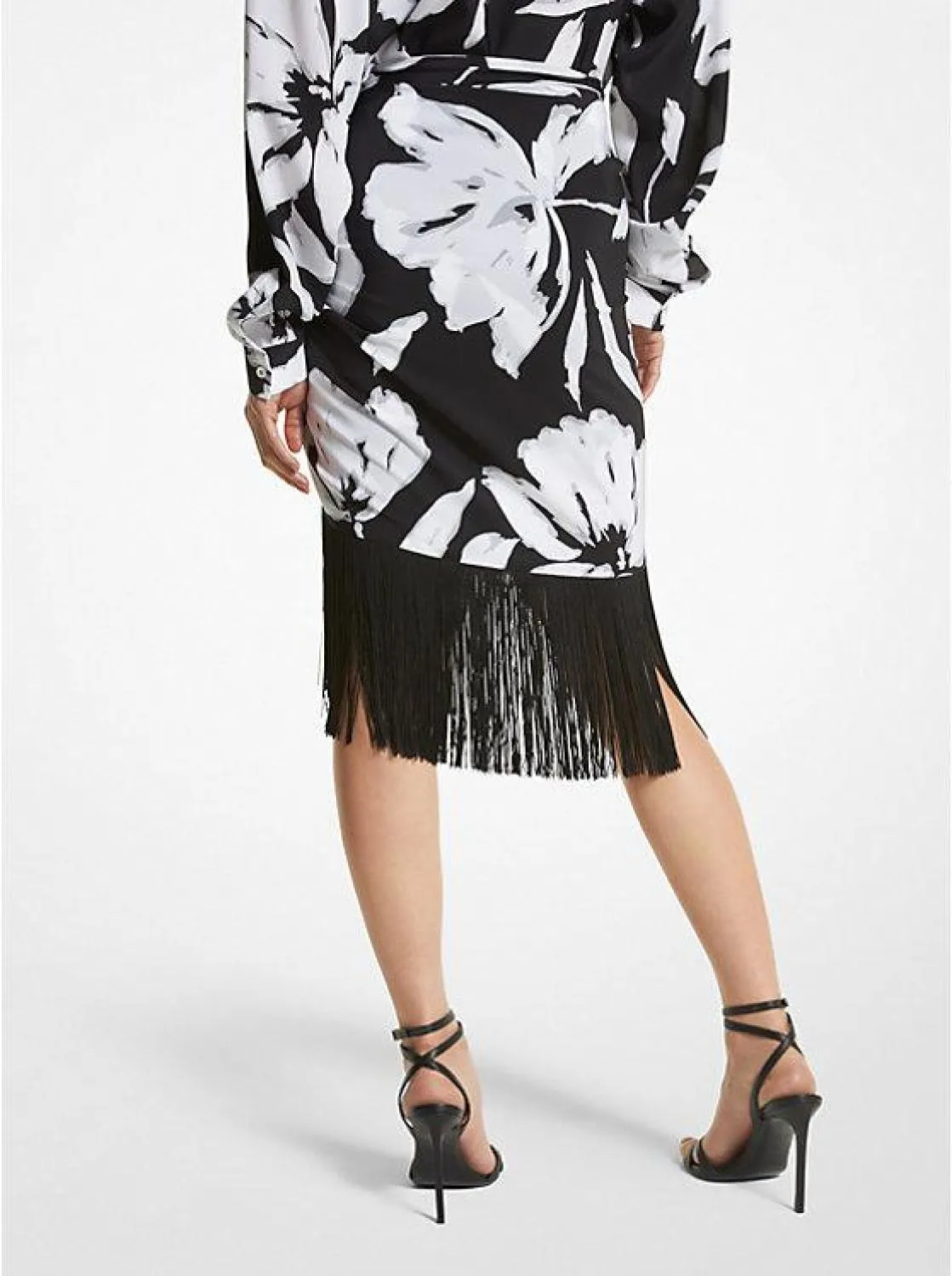 Brushstroke Floral Silk Crepe De Chine Fringed Sarong Skirt