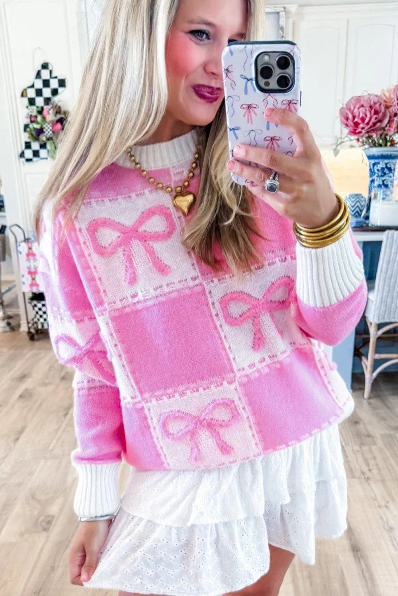 Checkered Pink Bow Knots Sweater