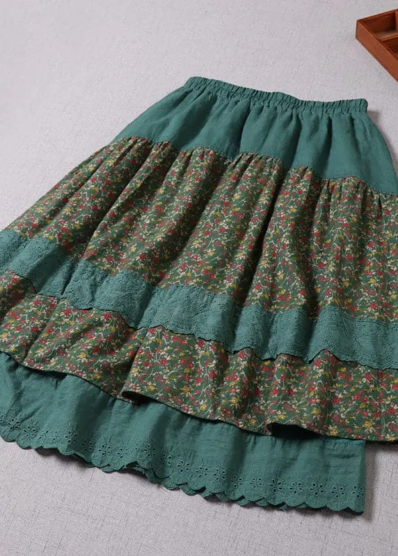 Chic Green Lace Patchwork Print Skirts Winter