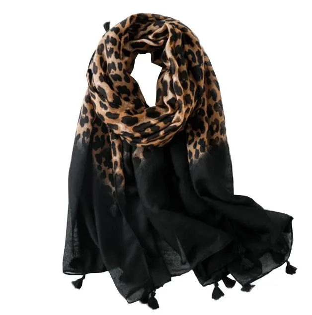 Classic Leopard Print Tasseled Shawl Wrap Scarf