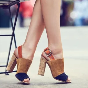 Colorblock Peep Toe Suede Chunky Heel Sandals