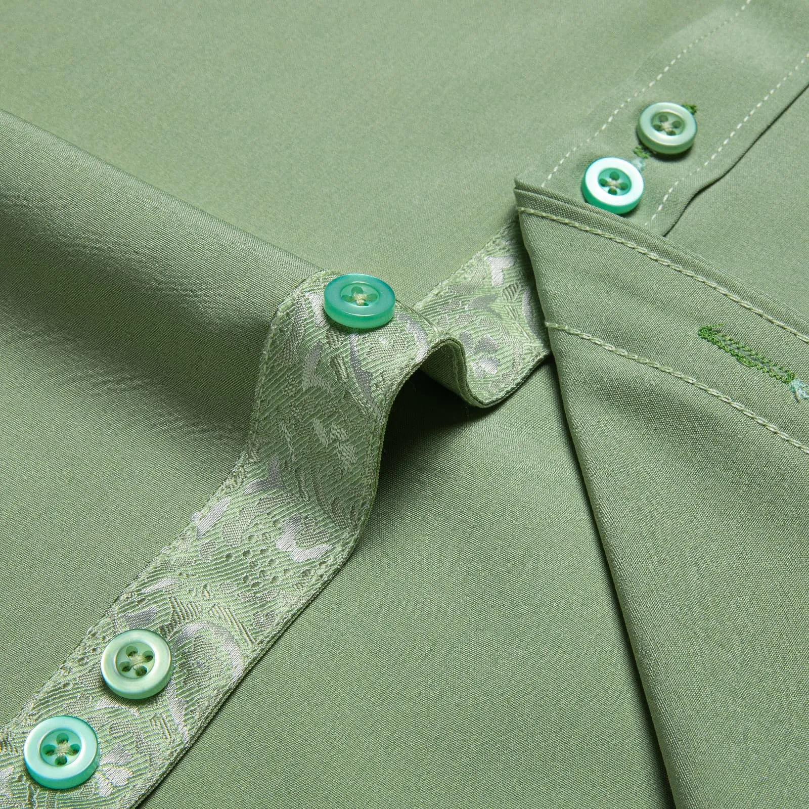 DiBanGu Mens Dress Shirt Solid Sage Green Splicing Silk Button Down Shirt