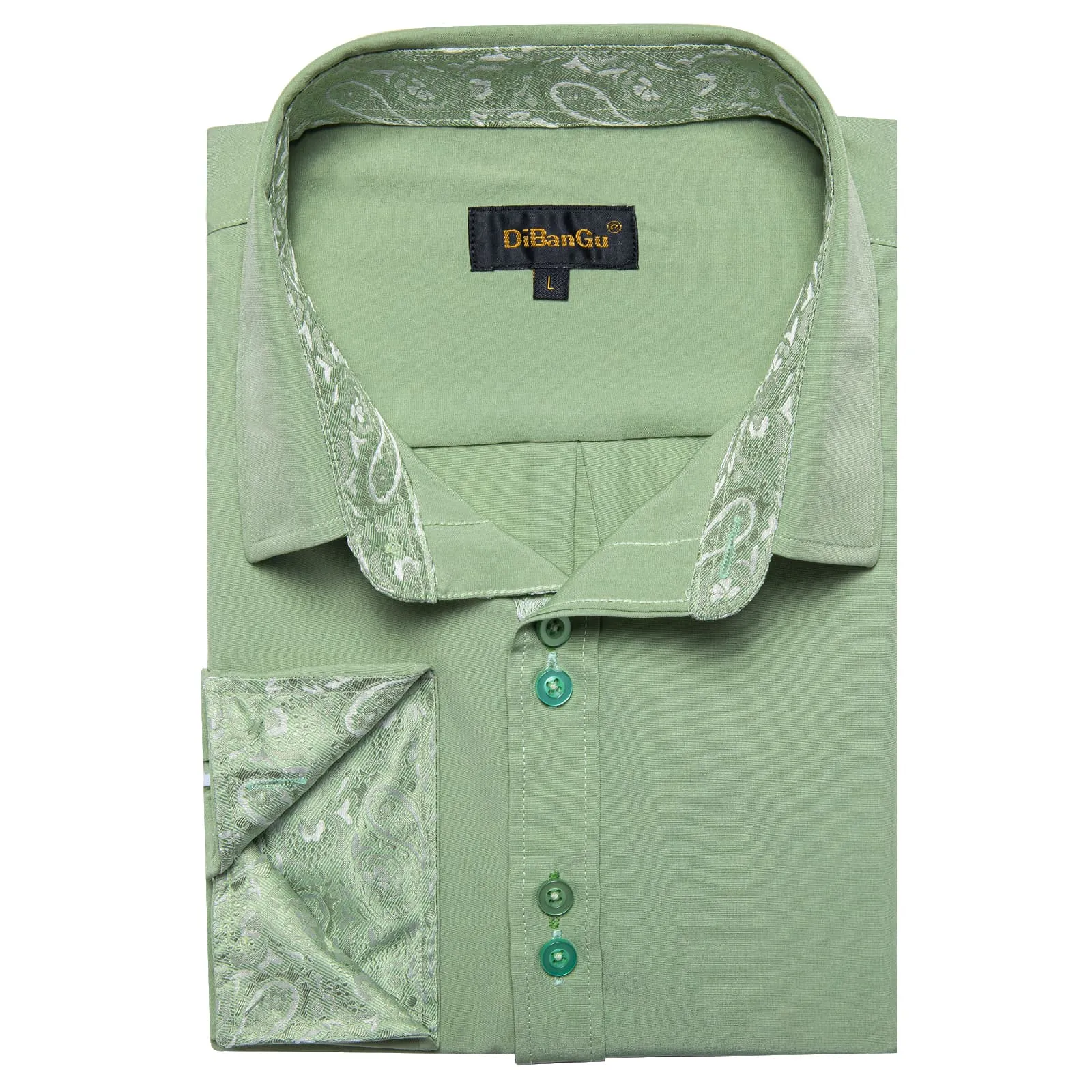 DiBanGu Mens Dress Shirt Solid Sage Green Splicing Silk Button Down Shirt