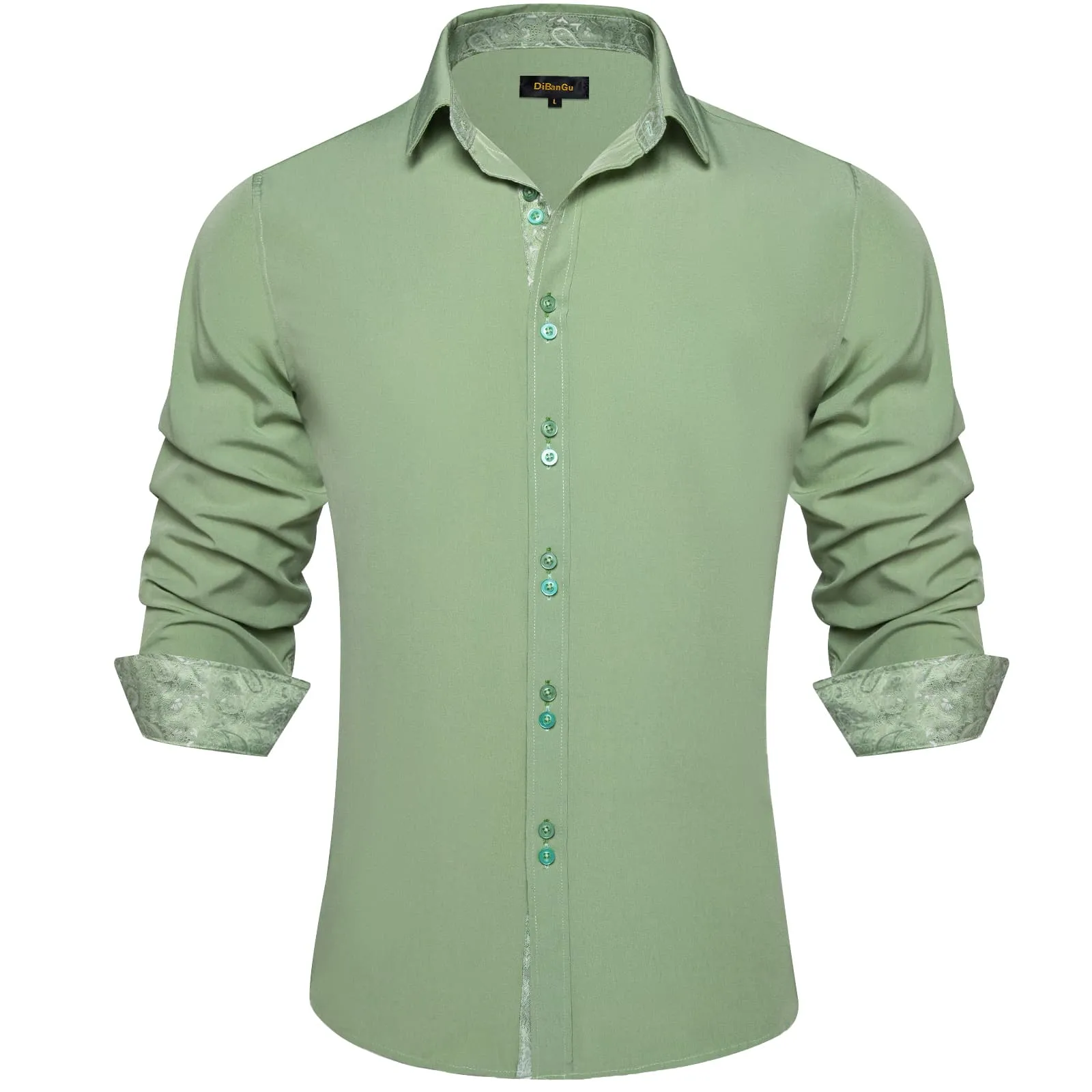 DiBanGu Mens Dress Shirt Solid Sage Green Splicing Silk Button Down Shirt