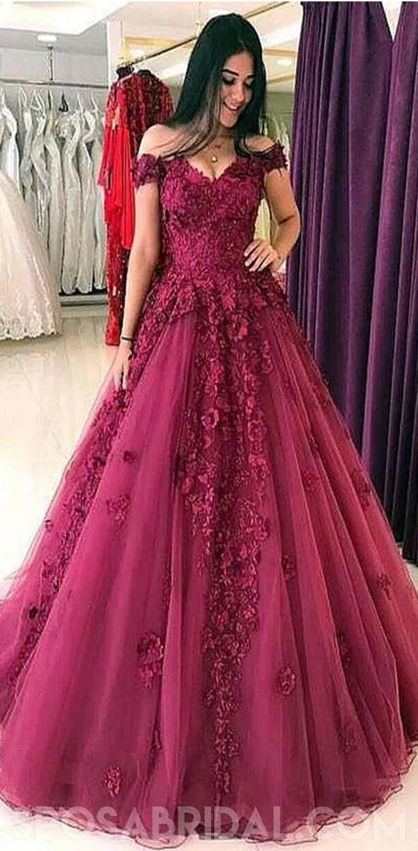 Elegant Ball Gown,Quinceanera Tulle  Elegant Appliques Off the Shoulder Prom Dresses, PD1087