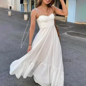 Elegant Women's White Spaghetti Strap Summer Long Dress