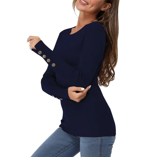 Fantaslook Sweaters for Women Knit Long Sleeve Crew Neck Button Stretch Fall Pullover Sweater