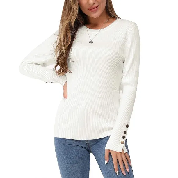 Fantaslook Sweaters for Women Knit Long Sleeve Crew Neck Button Stretch Fall Pullover Sweater