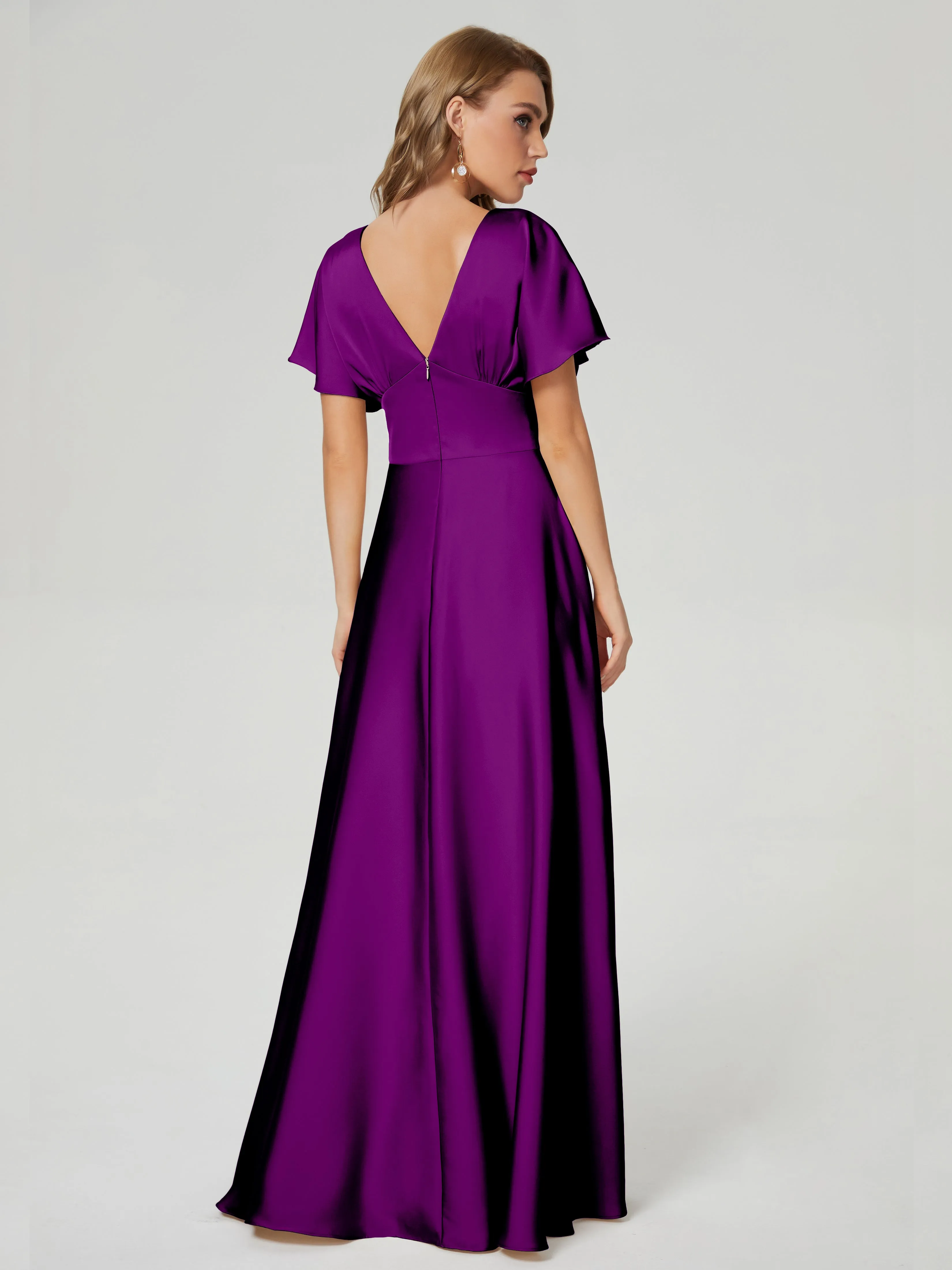 Grape Bridesmaid Dresses Ariah Modest V Neck Short Sleeves Soft Satin Dresses