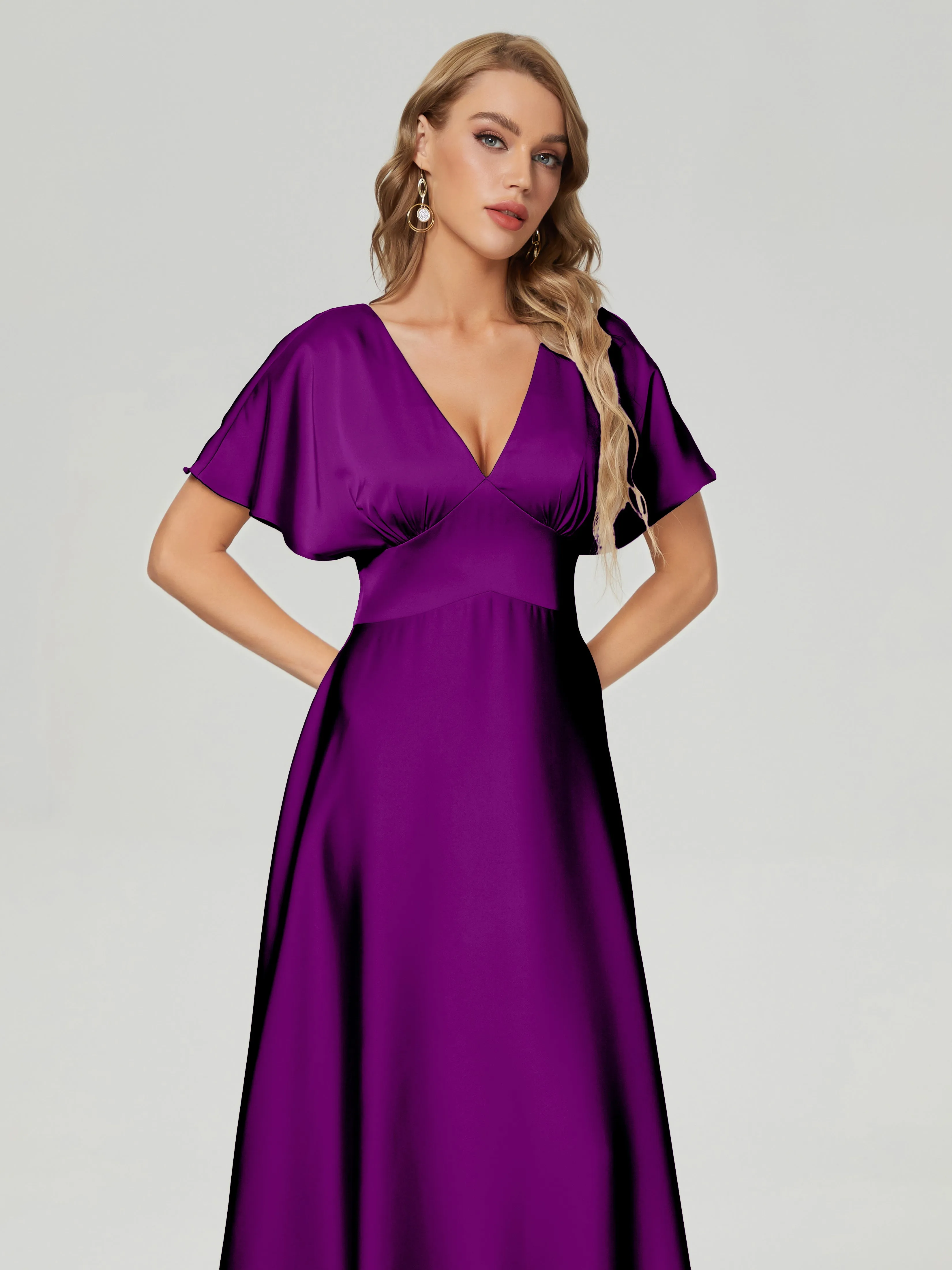 Grape Bridesmaid Dresses Ariah Modest V Neck Short Sleeves Soft Satin Dresses