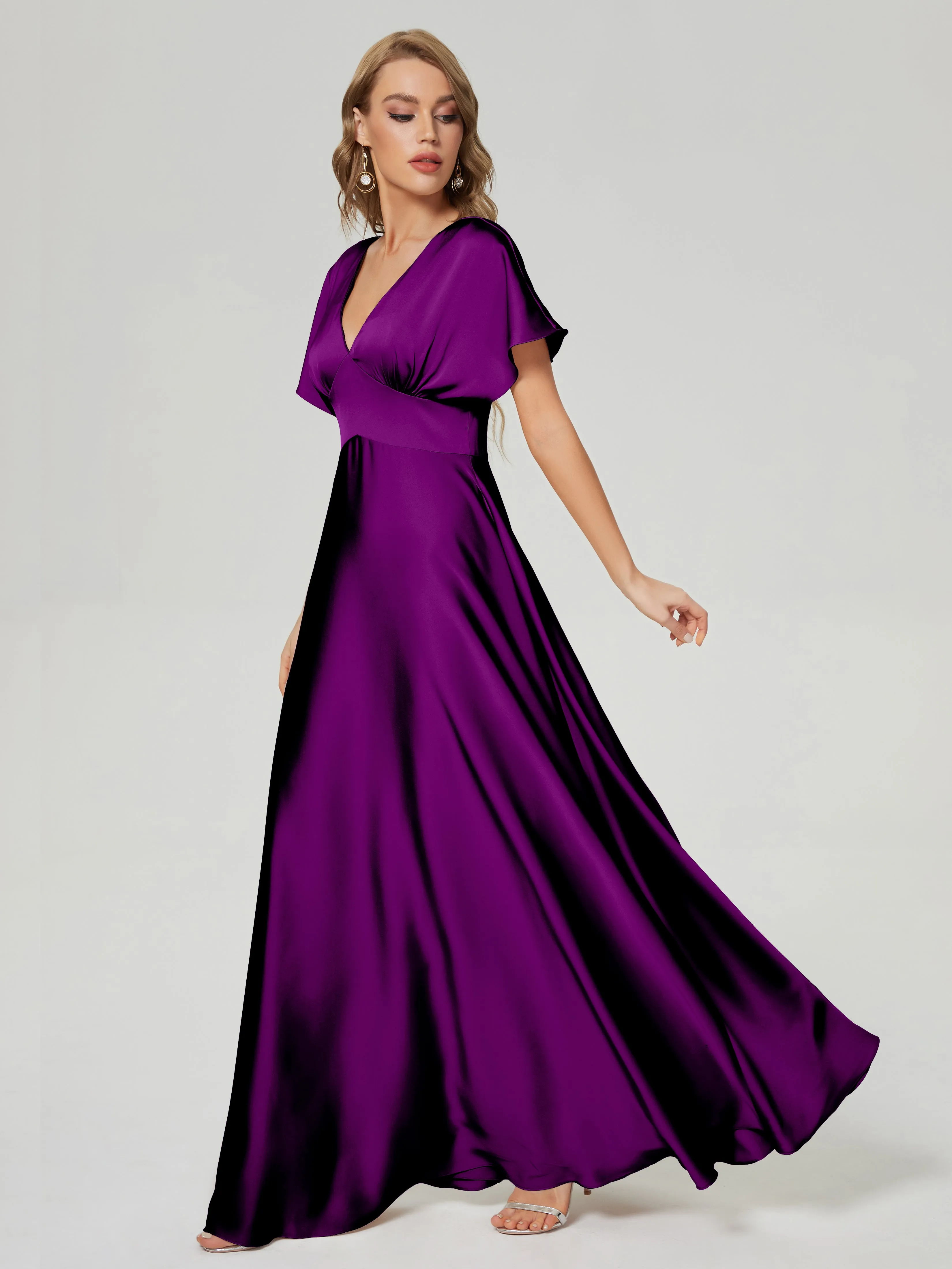 Grape Bridesmaid Dresses Ariah Modest V Neck Short Sleeves Soft Satin Dresses