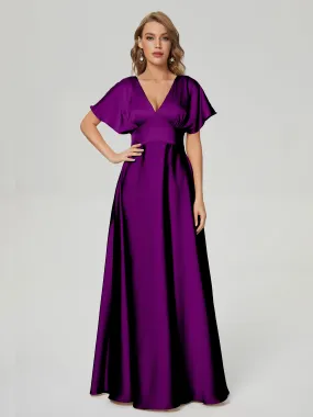 Grape Bridesmaid Dresses Ariah Modest V Neck Short Sleeves Soft Satin Dresses