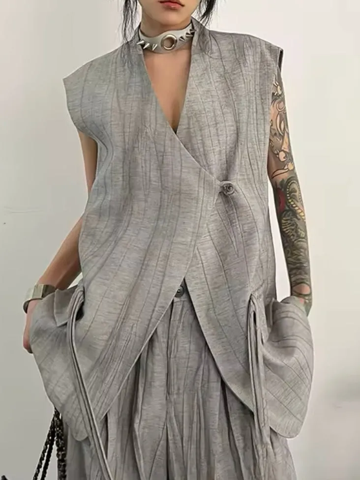 Gray striped set of 2 crossed vest top and pants