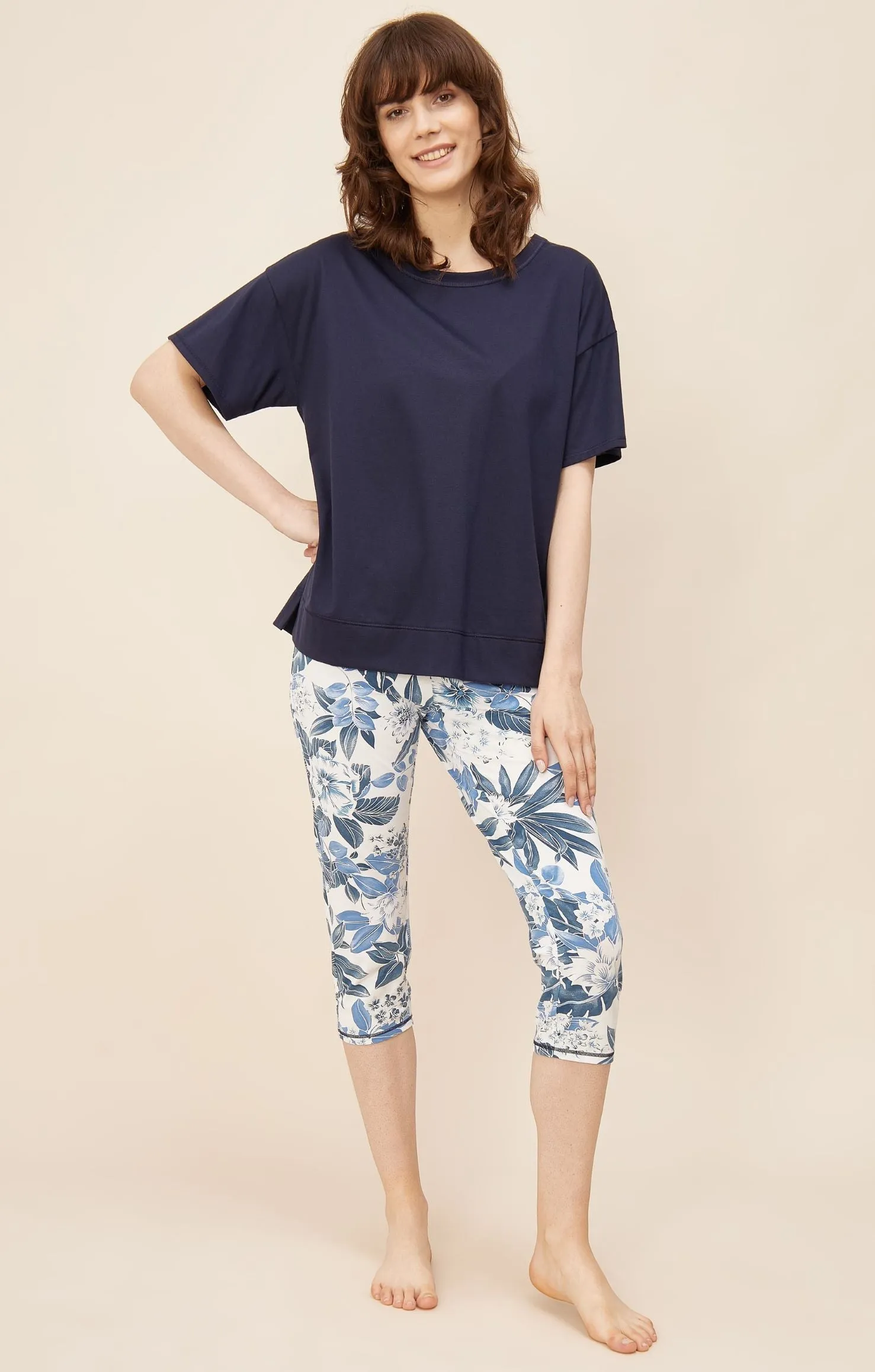 Indigo Floral Capri Pants Pajama Set