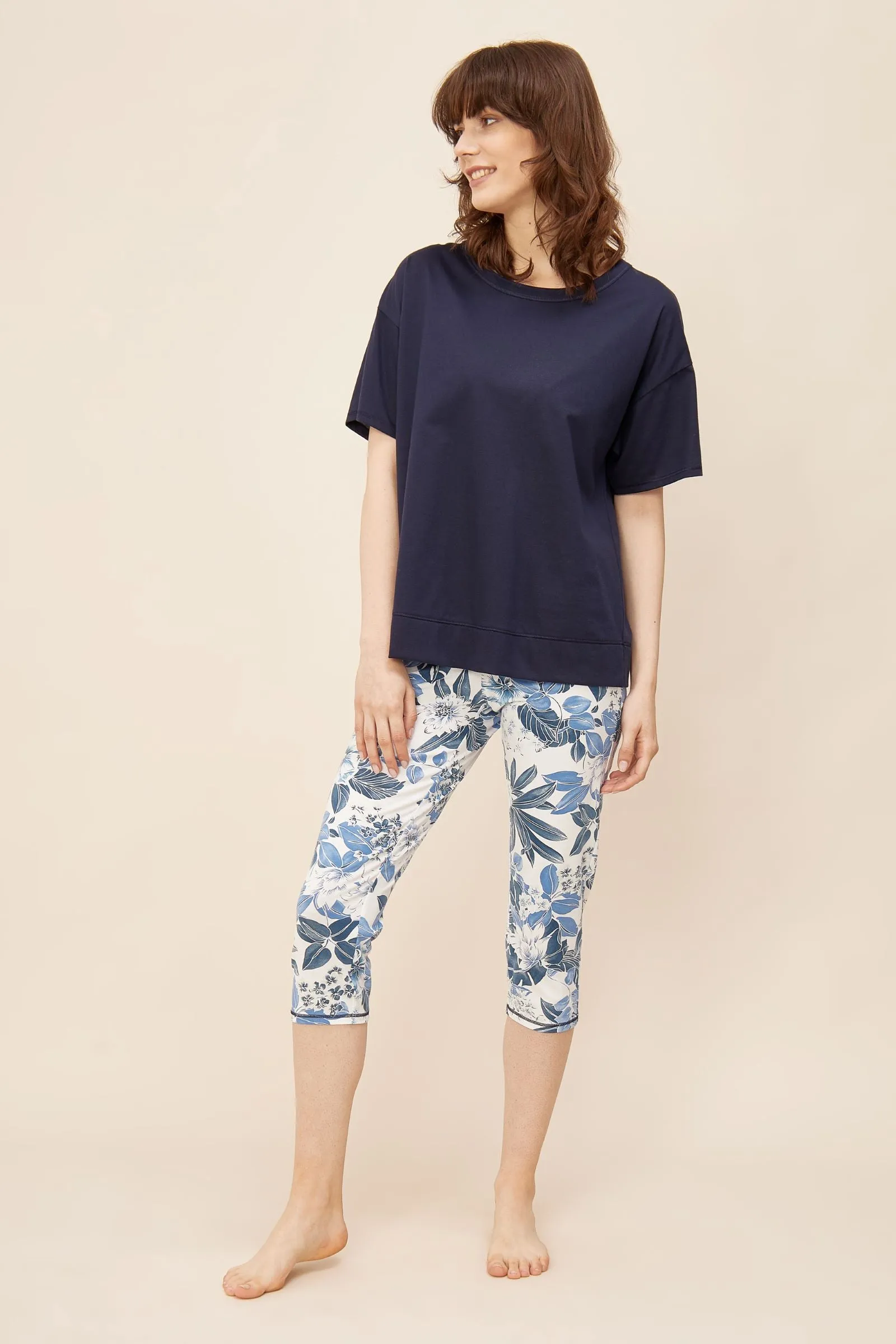 Indigo Floral Capri Pants Pajama Set