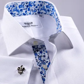 Italian Best White Herringbone Twill Formal Business Dress Shirt With Blue Floral Inner Lining Fashion