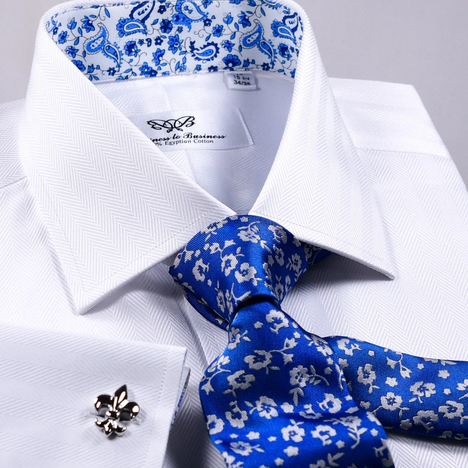 Italian Best White Herringbone Twill Formal Business Dress Shirt With Blue Floral Inner Lining Fashion