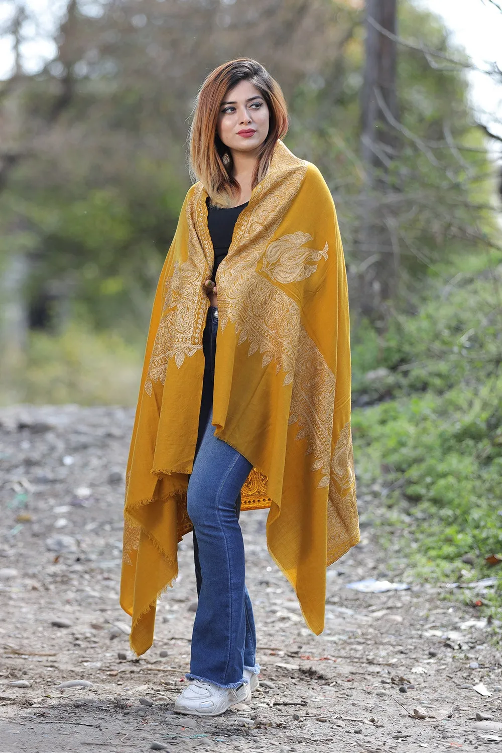 Kashmiri Mustard Color Kashmiri Shawl With Tilla Work Gives A Trendy Look To The Wearer.