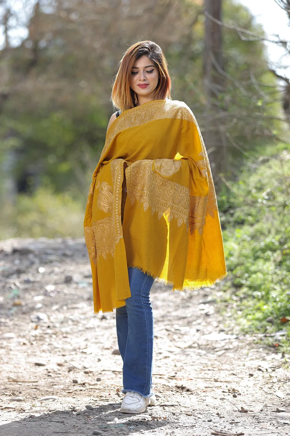 Kashmiri Mustard Color Kashmiri Shawl With Tilla Work Gives A Trendy Look To The Wearer.