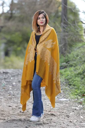 Kashmiri Mustard Color Kashmiri Shawl With Tilla Work Gives A Trendy Look To The Wearer.